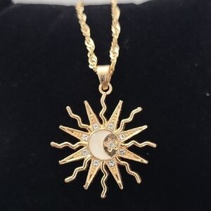 Gold Sun and Crescent Moon Pendant Necklace with Crystal Accents